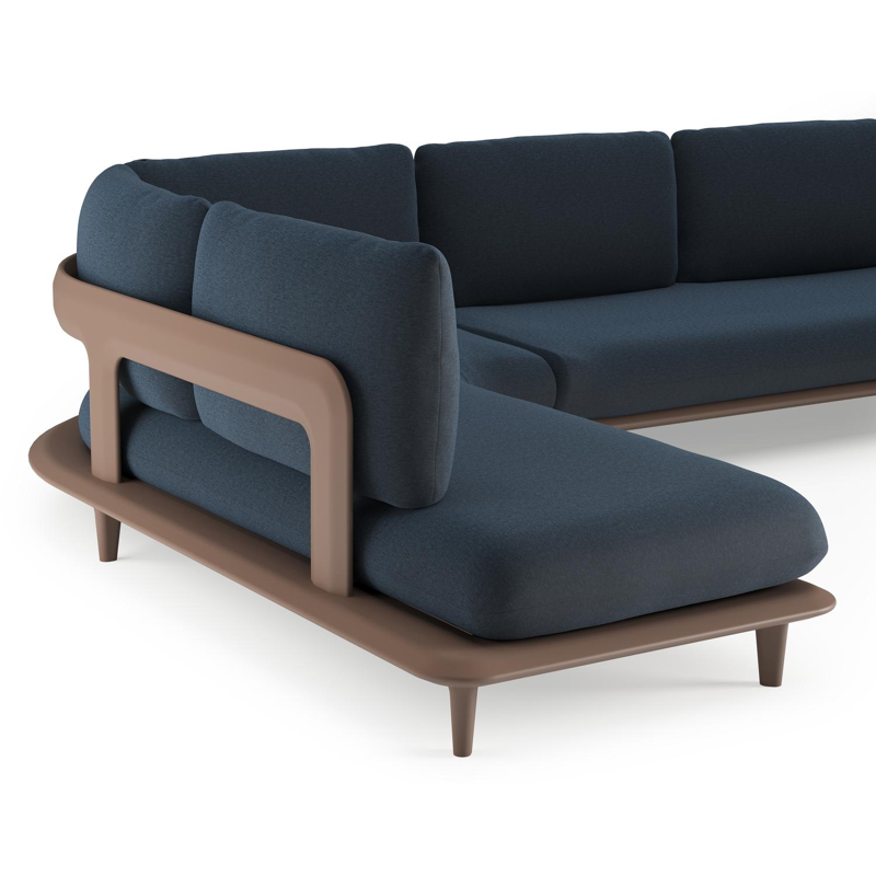 Bomero loungehoek in taupe aluminium met heritage indigo all weather sunbrella® luxe kussen