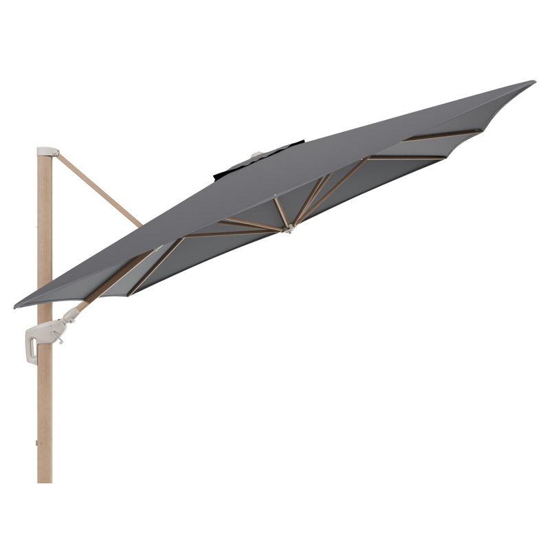 Minore zweefparasol met tiltfunctie in houtlook aluminium en Natte Charcoal Chine All Weather Sunbrella® Luxe parasoldoek - L1: 350 x L2: 350 cm (zonder voet) (zonder voet)