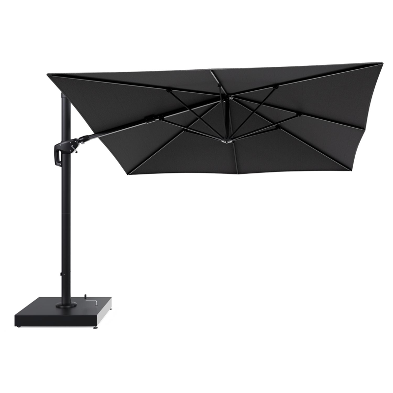 Minore zweefparasol met tiltfunctie in zwart aluminium en Firenze Tunder All Weather Solica parasoldoek - L1 350 x L2: 350 cm met parasolvoet Minore 260 kg met wielen