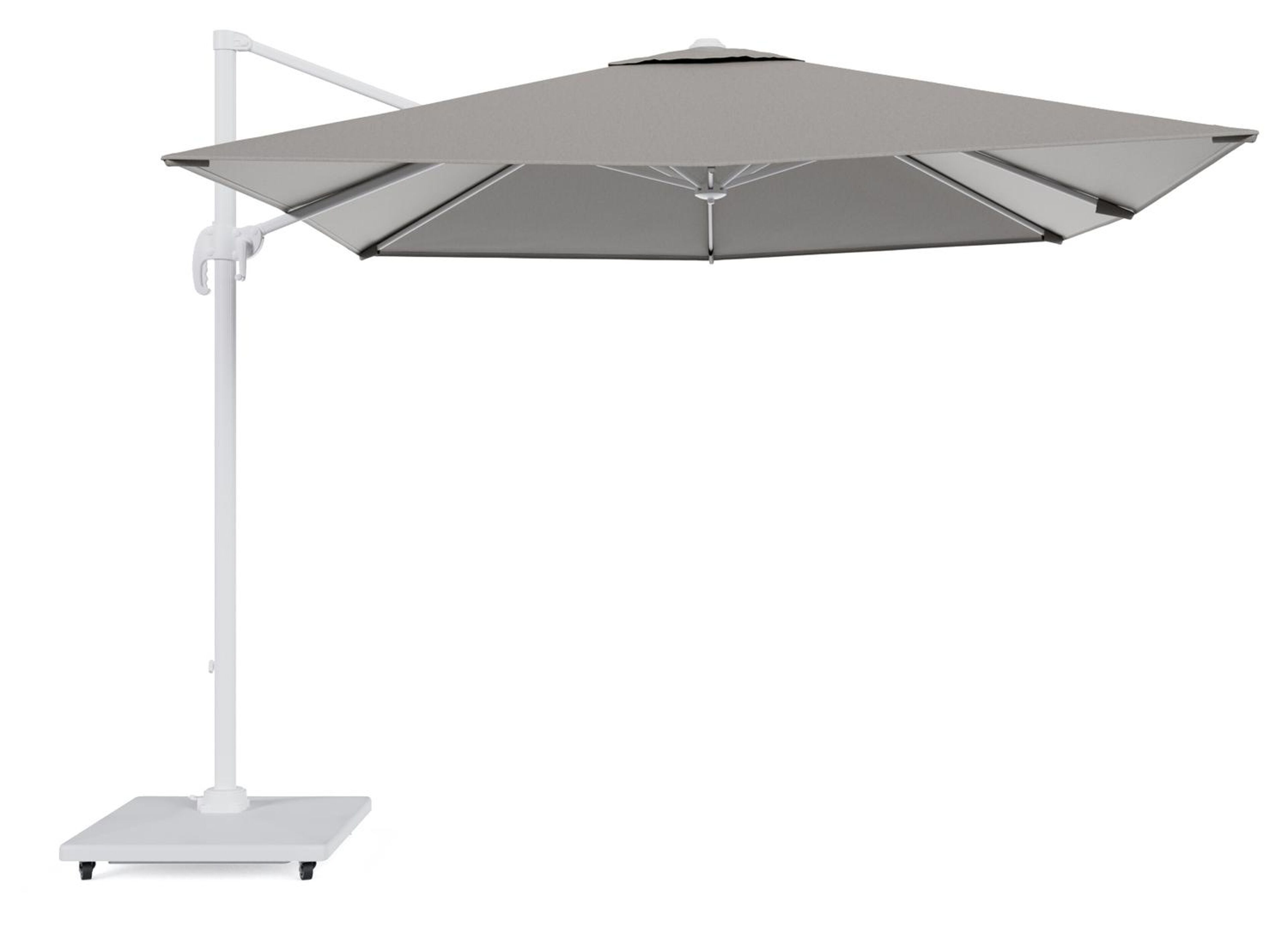 Calpe zweefparasol in wit aluminium en grijs Weather+ Softtouch parasoldoek - L1 270 x L2 270 cm met Calpe parasolvoet 70 kg met wielen