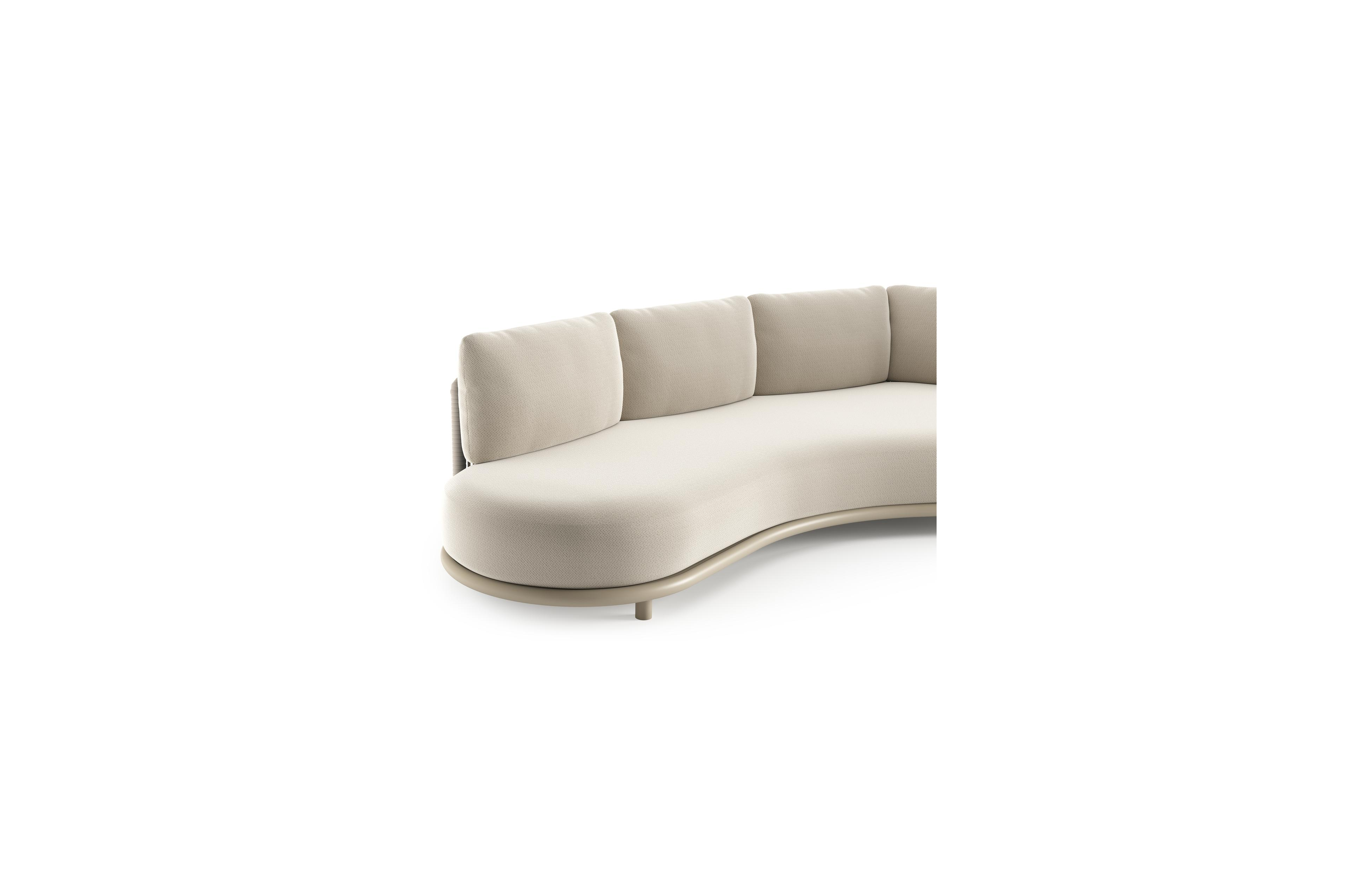 Canapé de jardin Lomano en aluminium beige et corde luxe plate tissée verticalement beige et coussins en all weather sunbrella® luxe lopi marble