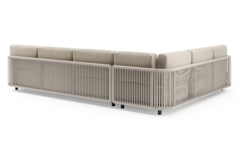 Organo loungehoek in zwart aluminium en beige verticaal geweven luxe vlakke rope met marbella beige All Weather Cosytica kussens