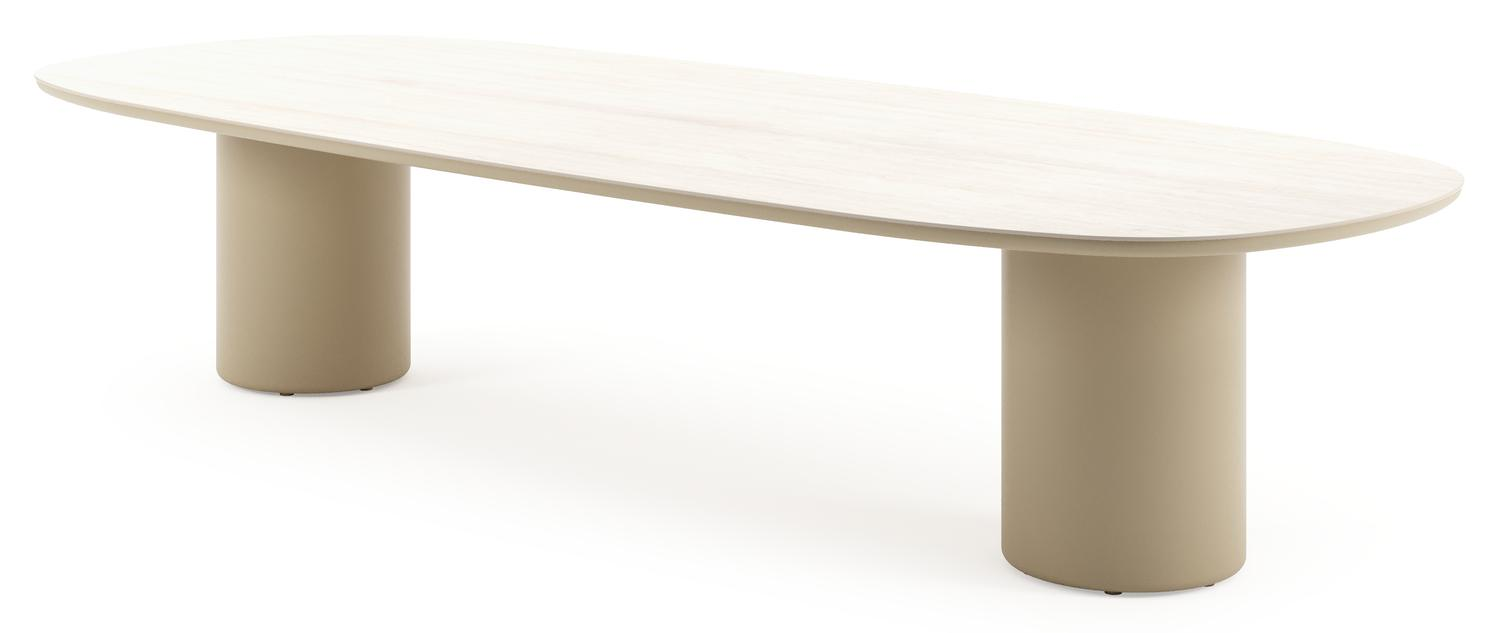 Amico low dining tuintafel bombo in beige aluminium en volkeramiek Travertino Bianco - L 320 x B 130 x H 61 cm