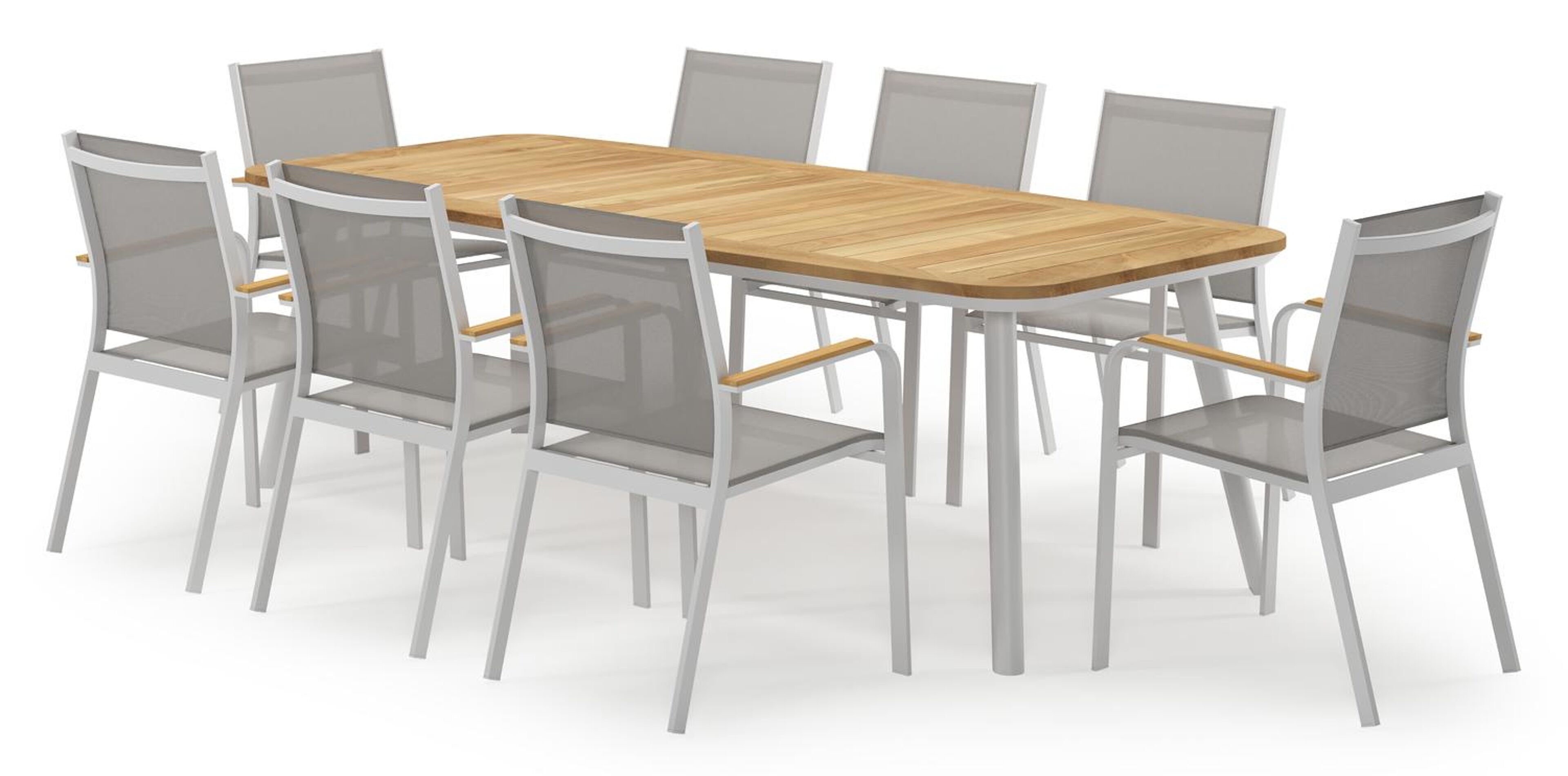 Mosa bootvormige tuinset in wit aluminium en teak natural finish met 8 Amalfi tuinstoelen