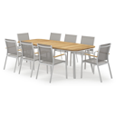 Mosa bootvormige tuinset in wit aluminium en teak natural finish met 8 Amalfi tuinstoelen