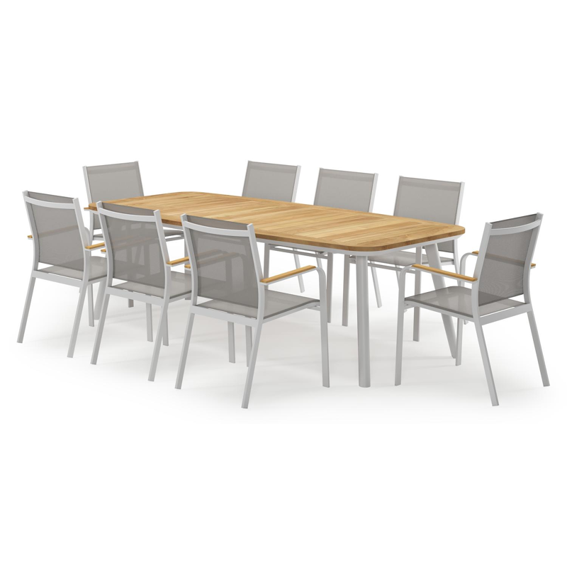 Mosa bootvormige tuinset in wit aluminium en teak natural finish met 8 Amalfi tuinstoelen