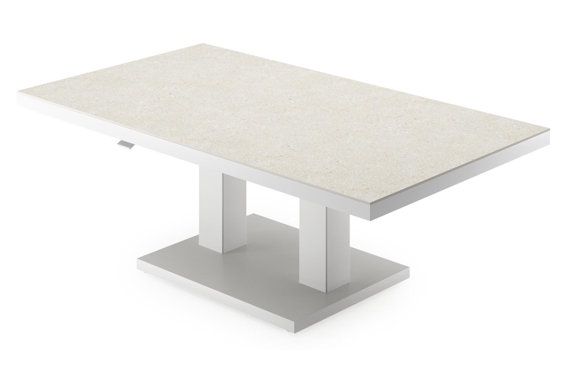 Cirello Pop up loungetafel in wit aluminium en beige volkeramiek - L 140 x B 80 x H 71,6 cm