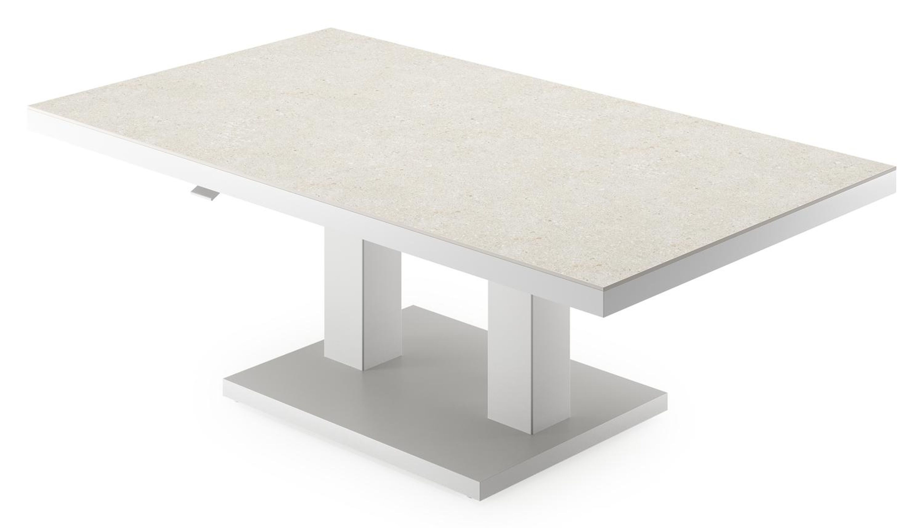 Cirello Pop up loungetafel in wit aluminium en beige volkeramiek - L 140 x B 80 x H 71,6 cm