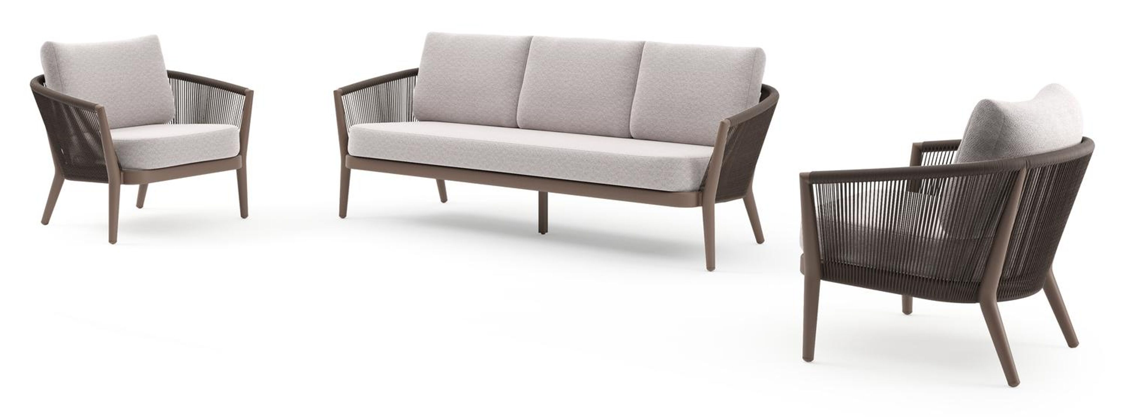 Orso loungeset in taupe aluminiumen zwart verticaal geweven ronde rope met Wander Gobi all weather sunbrella® luxe kussen