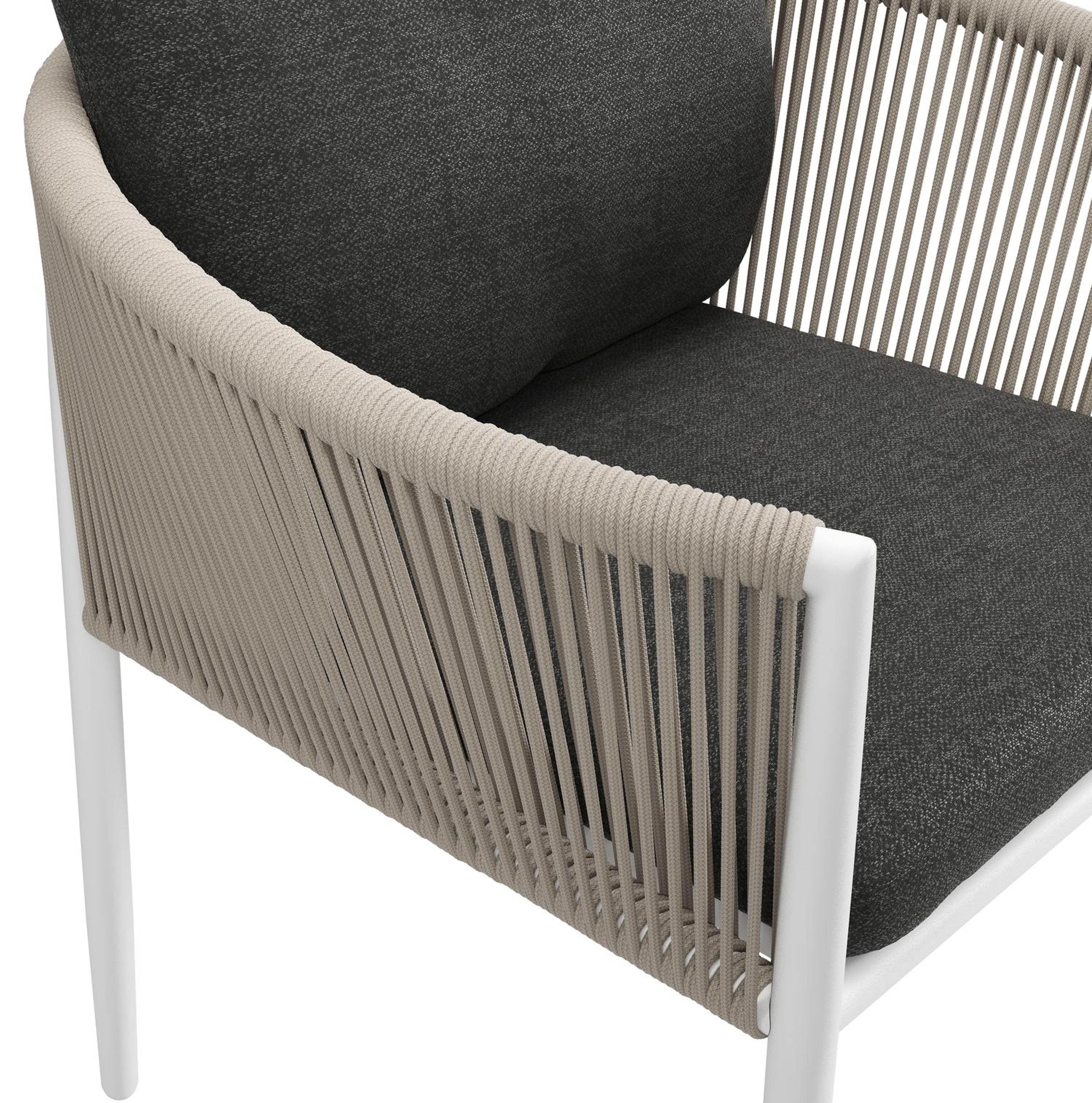 Organo tuinstoel in beige aluminium en beige verticaal geweven ronde rope met stoelkussen in All Weather Sunbrella® Luxe Chartres Sooty