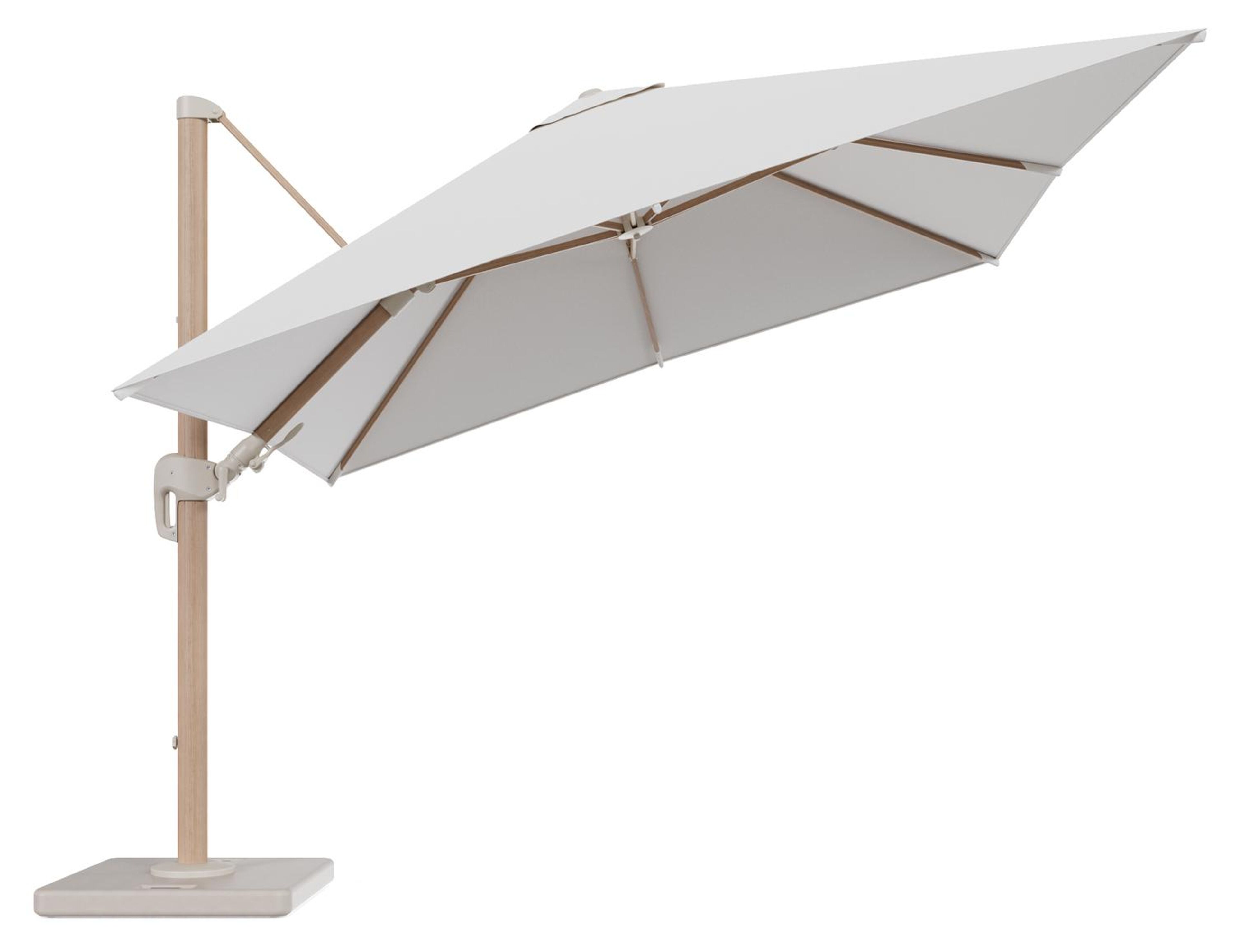 Rufina zweefparasol tiltfunctie in houtlook aluminium en parasoldoek in All Weather Solica Soul Optik - L1 300 x L2 300 cm met parasolvoet Lapido 120 kg