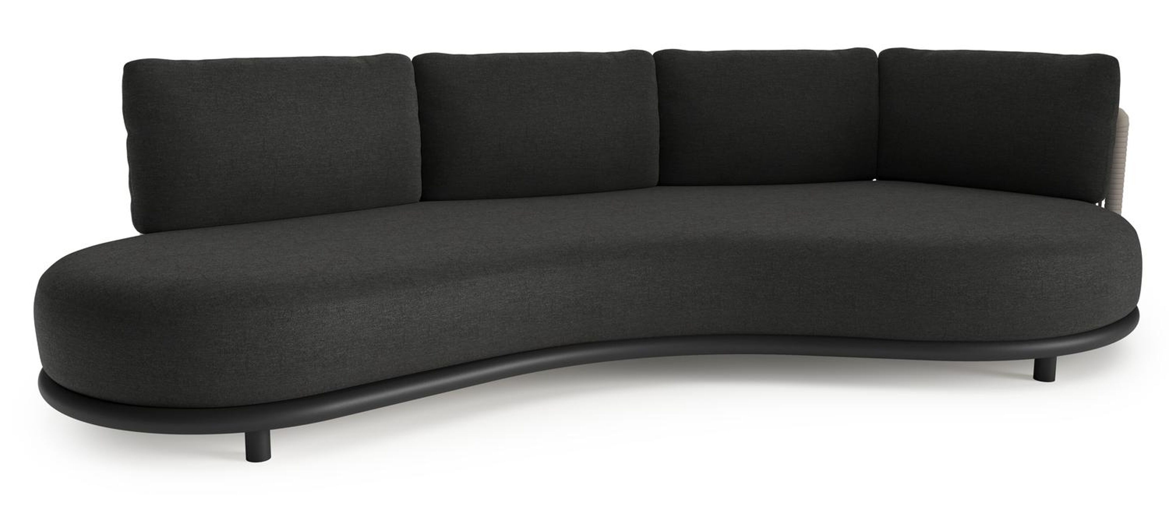 Lomano loungebank in zwart aluminium en beige verticaal geweven luxe vlakke rope met chartres sooty all weather sunbrella® luxe kussen