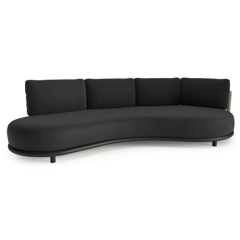 Lomano loungebank in zwart aluminium en beige verticaal geweven luxe vlakke rope met chartres sooty all weather sunbrella® luxe kussen