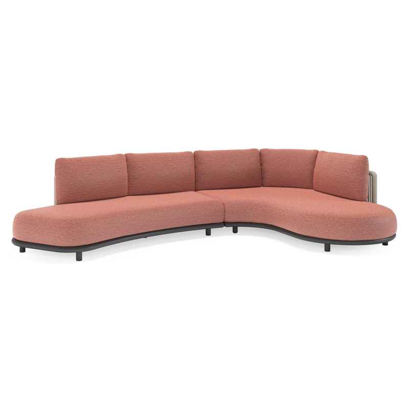 Salon de jardin d'angle Lomano en aluminium noir et corde luxe plate tissée verticalement beige et coussins en all weather sunbrella® luxe Slow Alezan