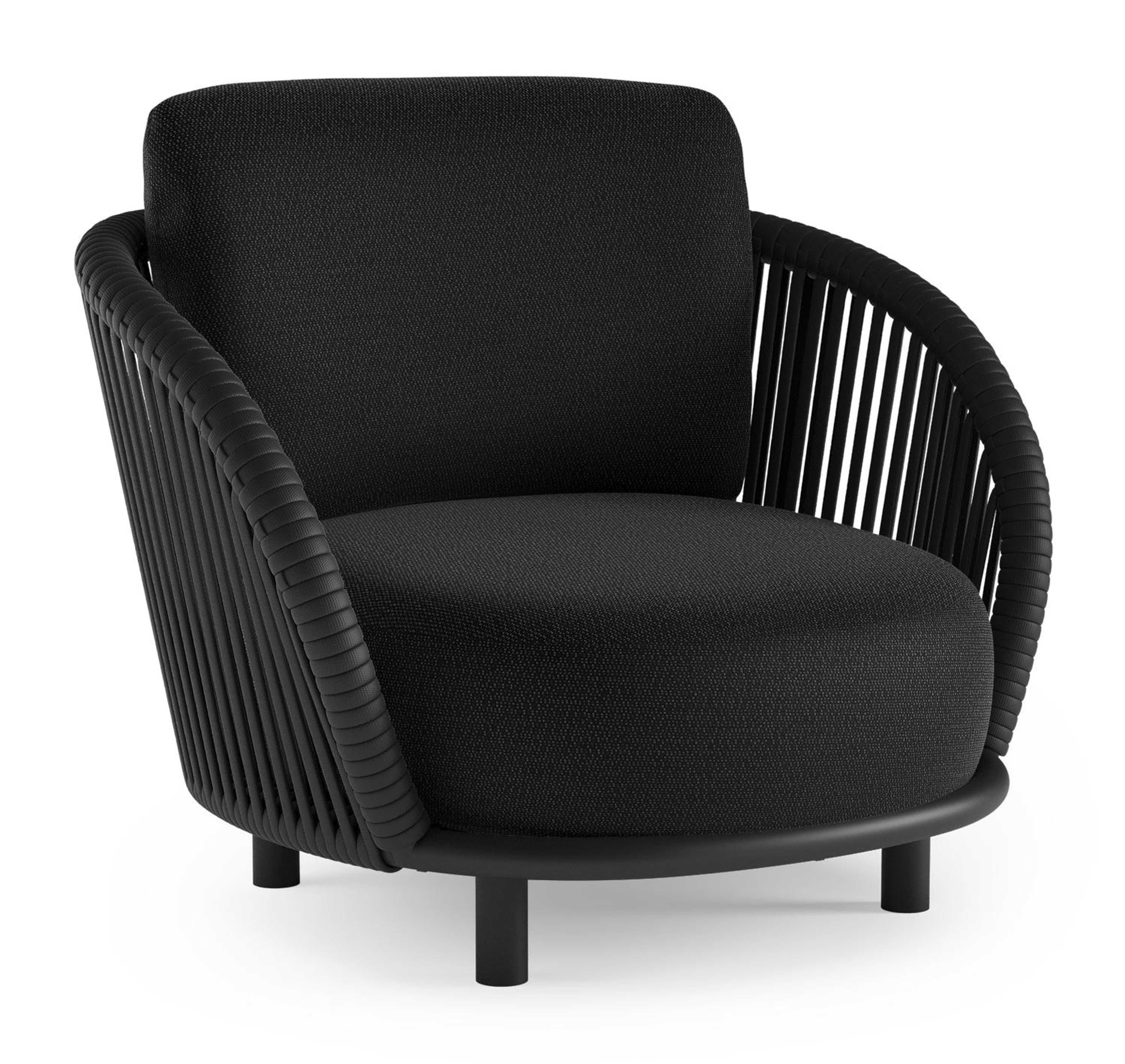 Fauteuil de jardin Lupino en aluminium noir et corde large plate de luxe tissée verticalement noir et coussins en all weather sunbrella® luxe lopi baribal