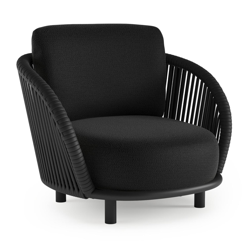 Fauteuil de jardin Lupino en aluminium noir et corde large plate de luxe tissée verticalement noir et coussins en all weather sunbrella® luxe lopi baribal