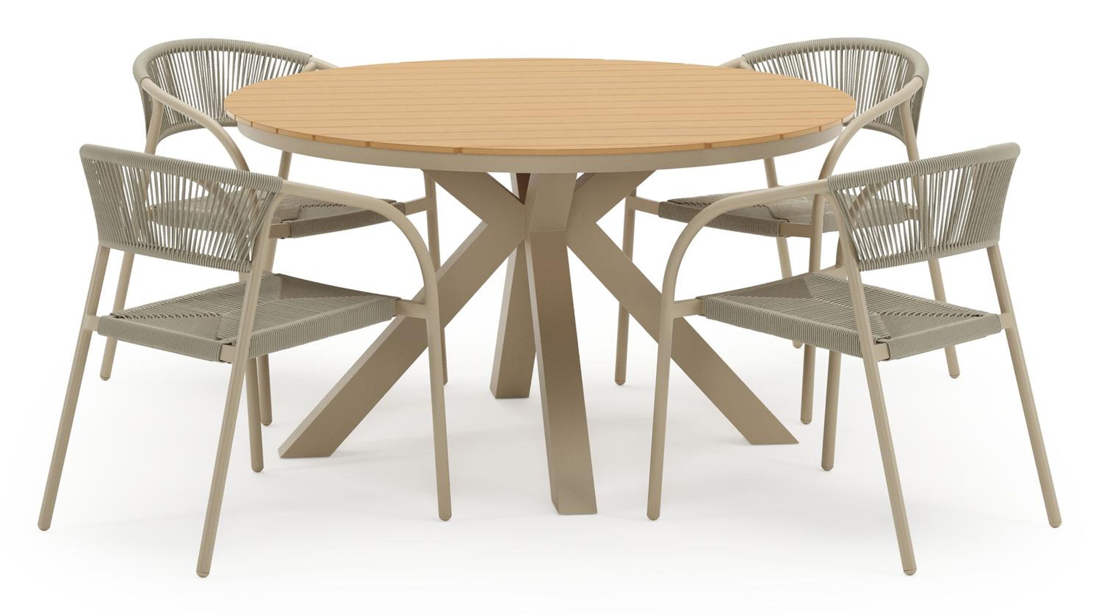 Tora tuinset in beige aluminium en polywood met 4 stapelbare Melo tuinstoelen