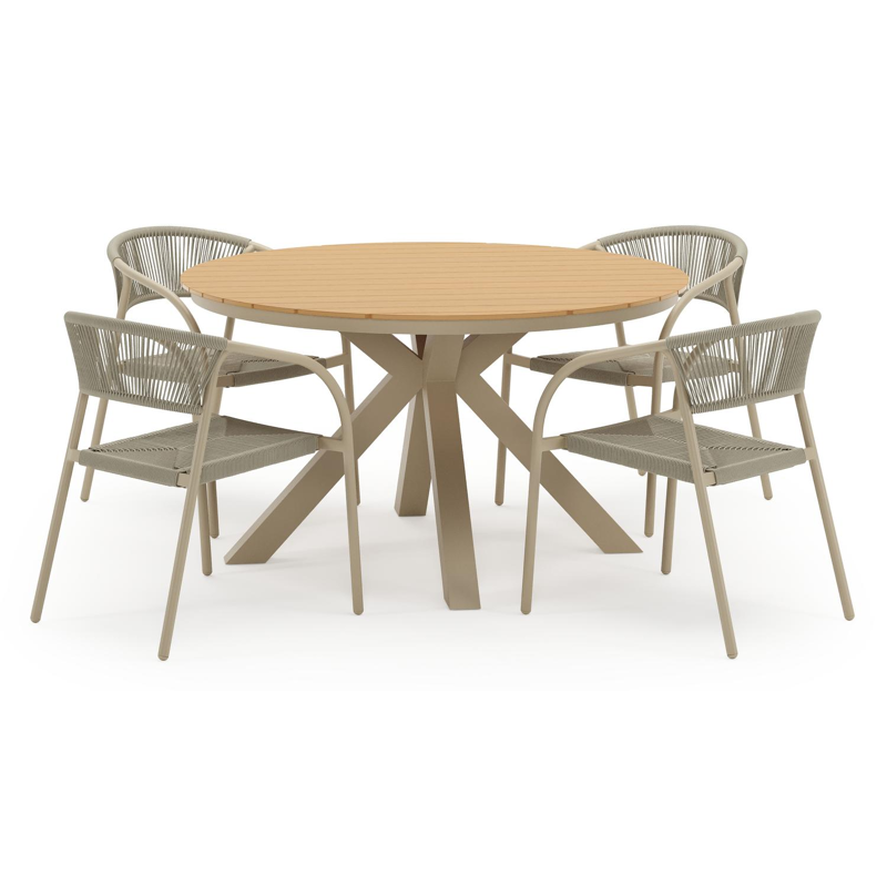 Tora tuinset in beige aluminium en polywood met 4 stapelbare Melo tuinstoelen