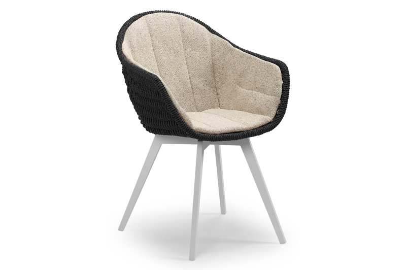 Pagino tuinstoel in wit aluminium en zwart ronde wicker met zitkussen in All Weather Cosytica Bora Desert