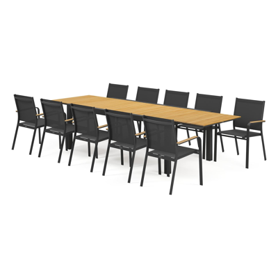 Ensemble de jardin Calobra avec table extensible en aluminium noir avec plateau de table en teck naturel et 10 chaises de jardin empilables Amalfi