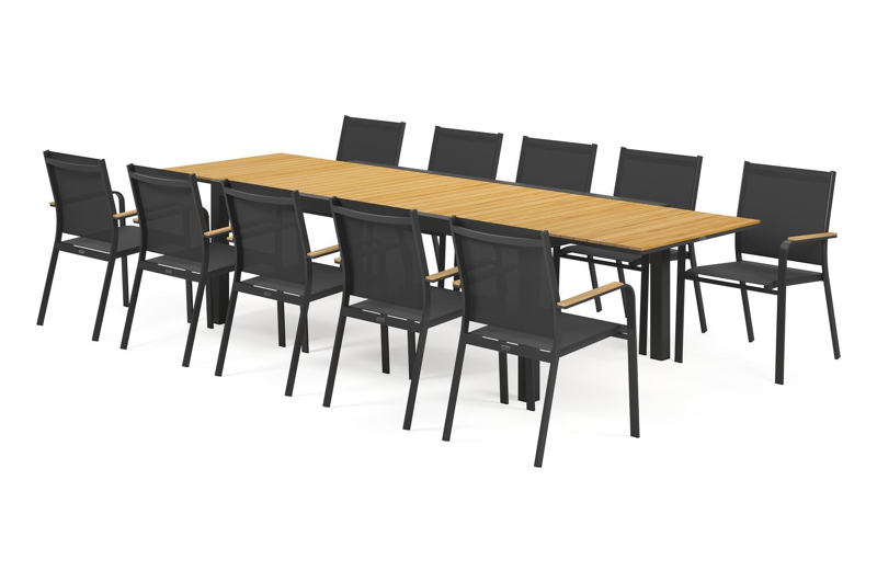 Calobra tuinset met verlengbare tafel in zwart aluminium en naturel teak tafelblad met 10 stapelbare Amalfi tuinstoelen