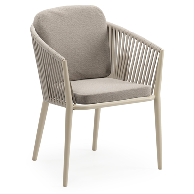 Chaise de jardin Orso en aluminium beige et corde plate tissée verticalement beige avec coussin luxe en All Weather Sunbrella® Luxe Savane Coconut