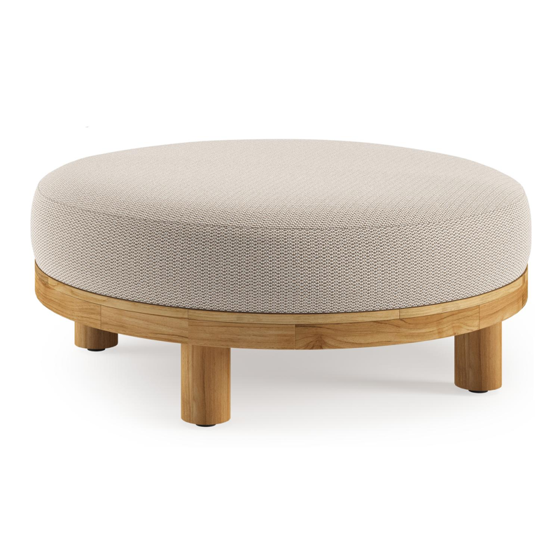 Salon de jardin pouf Donato en teck et corde ronde tissée verticalement beige et coussins en all weather sunbrella® luxe Lopi Fossil