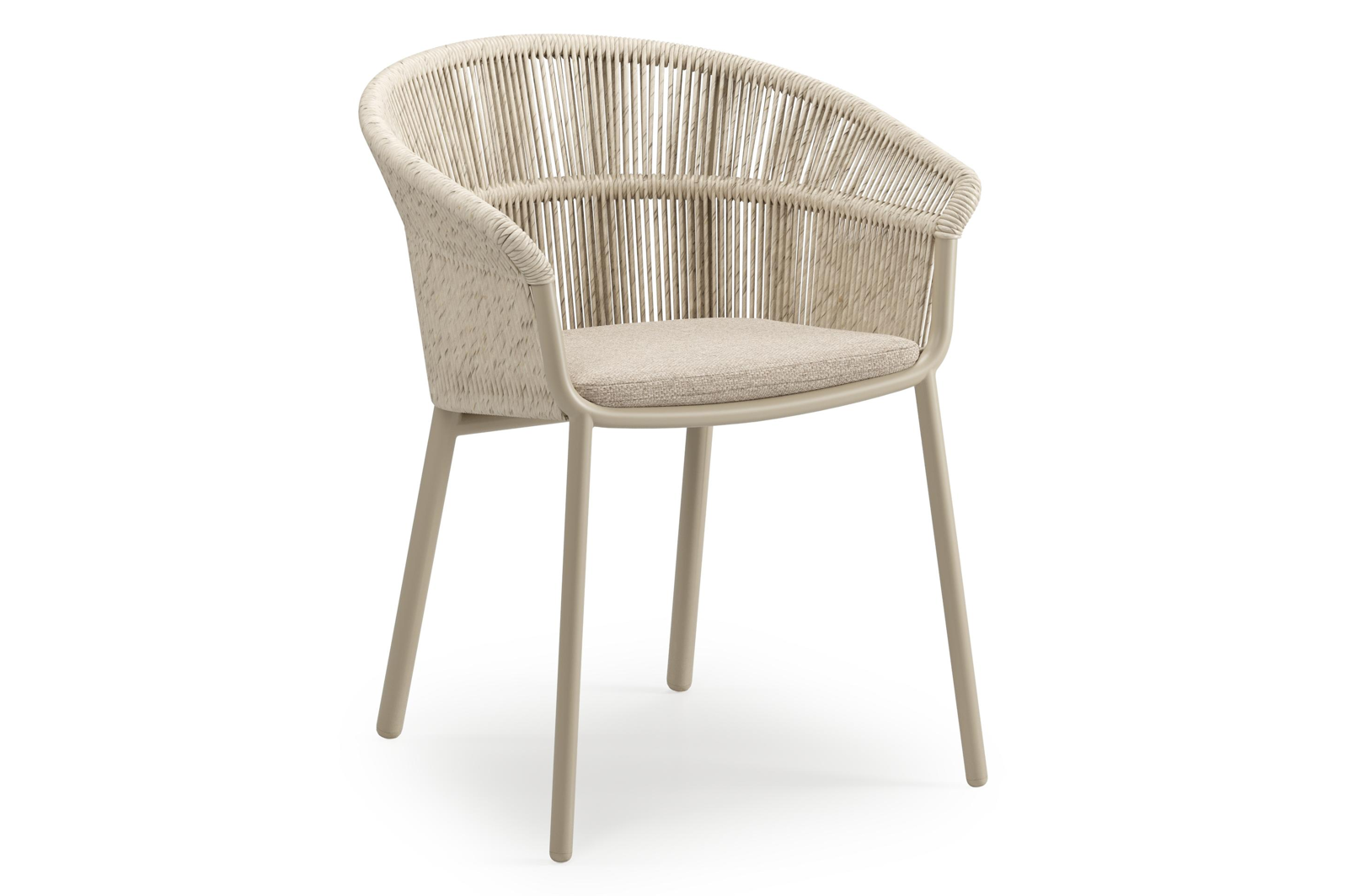 Matera tuinstoel in beige aluminium en beige gedraaide ronde wicker met kussen in rustic weather+ softtouch