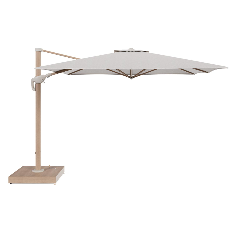 Minore zweefparasol met tiltfunctie in houtlook aluminium en Tundra Sand All Weather Sunbrella® Luxe parasoldoek - L1 350 x L2 350 cm met parasolvoet Minore 260 kg met wielen