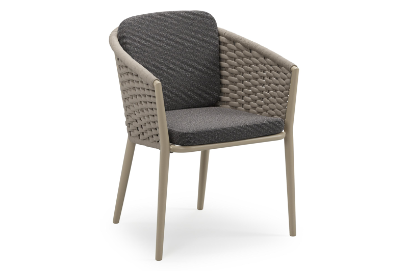 Chaise de jardin empilable Orso en aluminium beige et corde ronde tissée horizontalement beige avec coussin en All Weather Solica Firenze Tunder