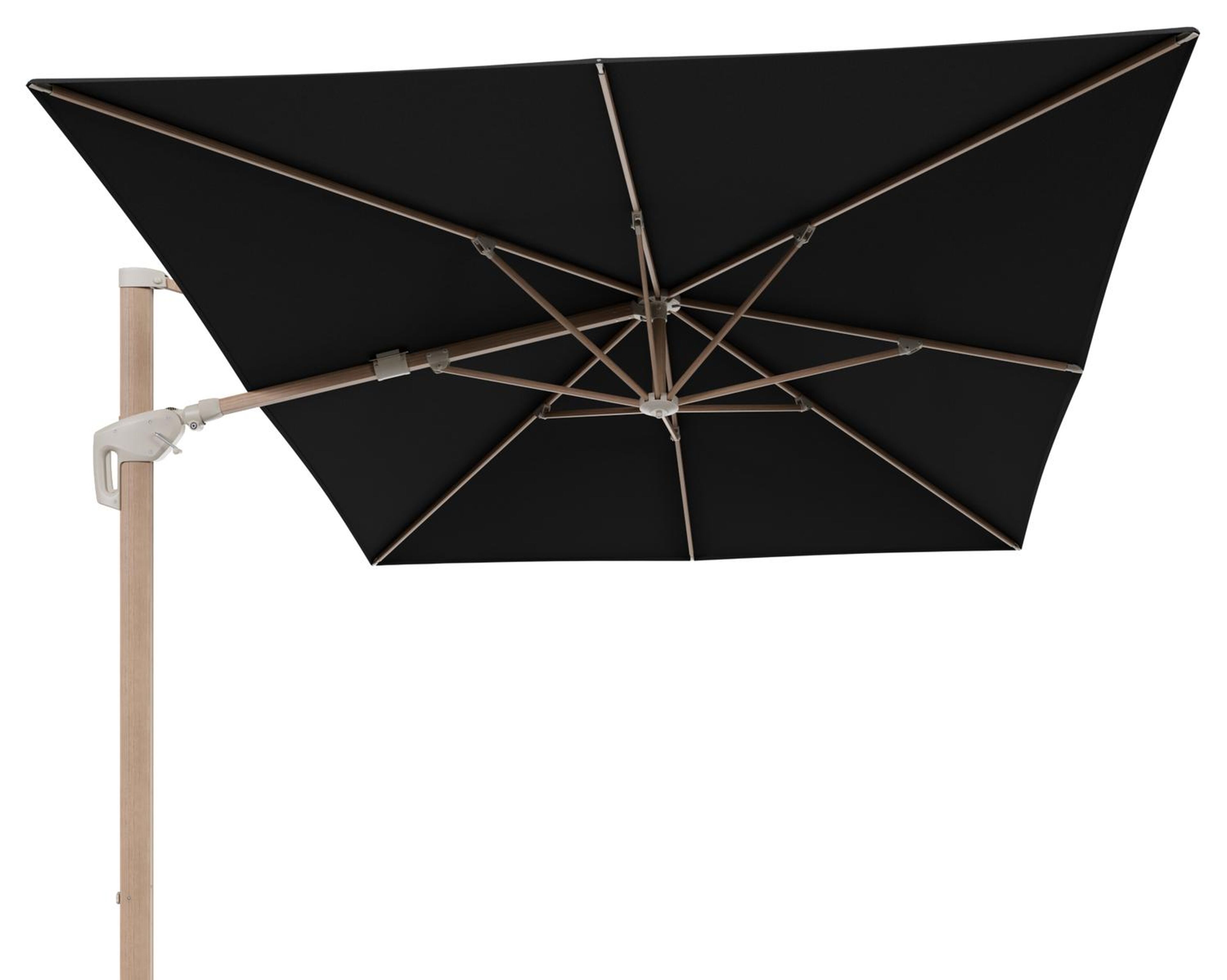 Minore zweefparasol met tiltfunctie in houtlook aluminium en Natte Sooty All Weather Sunbrella® Luxe parasoldoek - L1: 400 x L2: 300 cm (zonder voet)