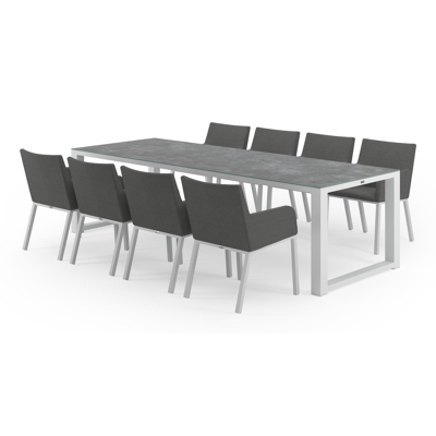 Livo tuinset in wit aluminium en grijs keramisch glas tafelblad met 8 Rivo tuinstoelen