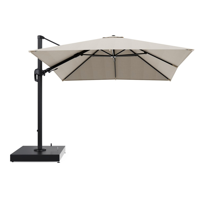 Parasol pendant Rufina avec fonction tilt en aluminium noir et toile de parasol All Weather Sunbrella® Premium beige - Lg.1 300 x Lg.2 300 cm avec pied de parasol Minore 260 kg avec roulettes