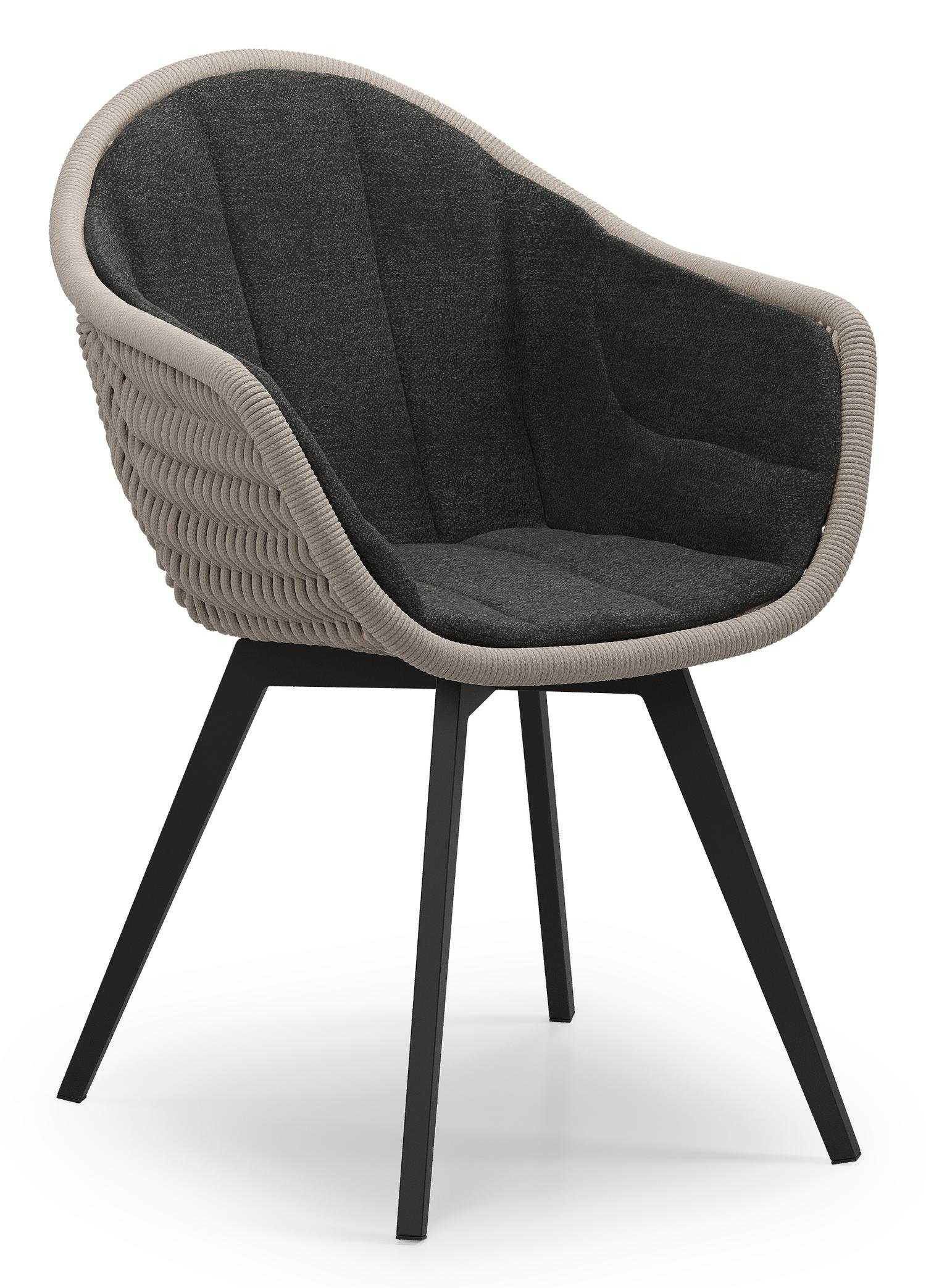 Chaise de jardin Pagino en aluminium noir et résine tressée ronde beige avec coussin en chartres sooty all weather sunbrella® luxe