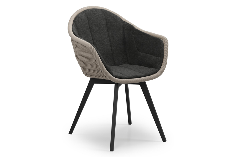 Pagino tuinstoel in zwart aluminium en beige ronde wicker met kussen in chartres sooty all weather sunbrella® luxe