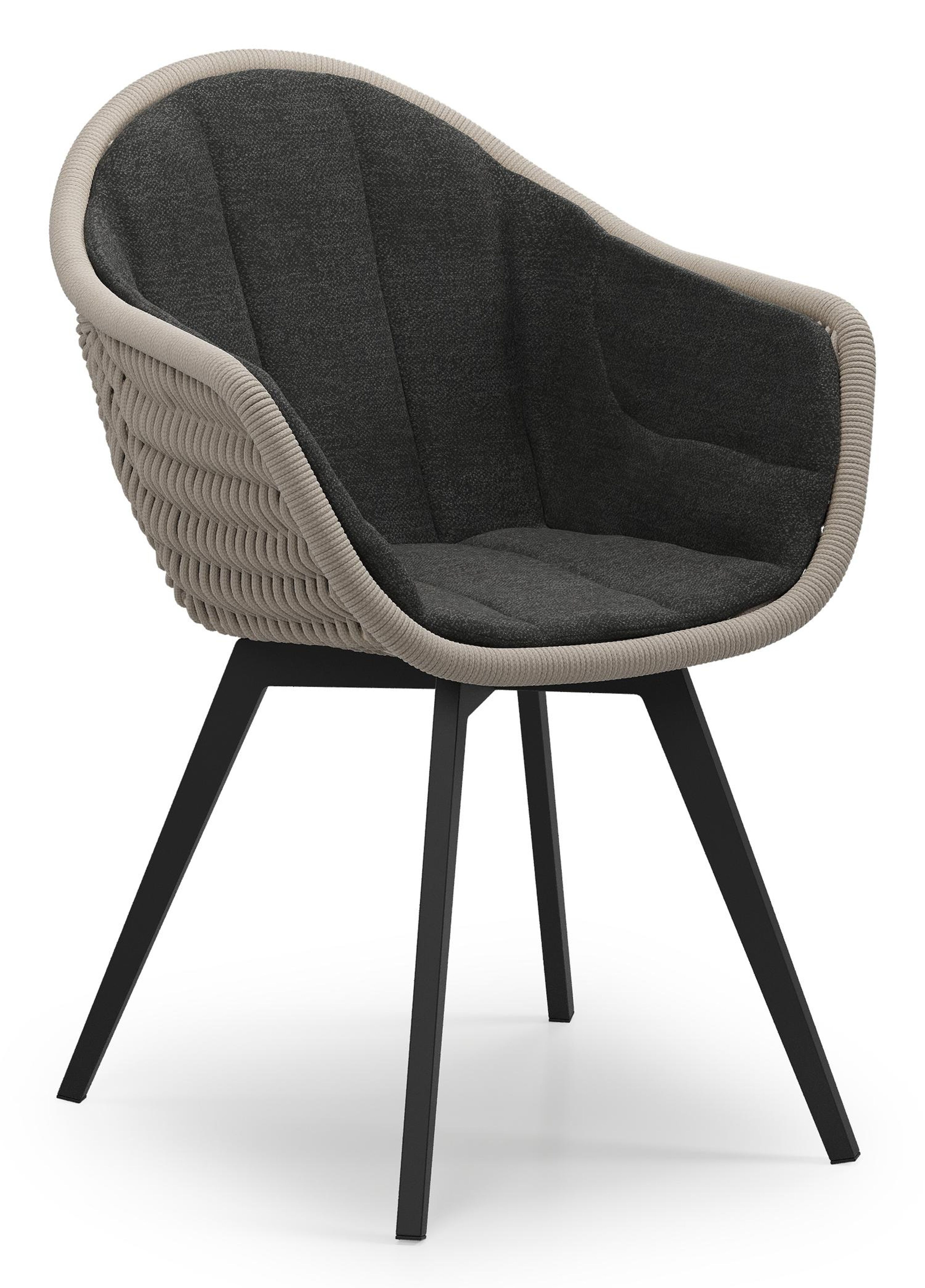 Pagino tuinstoel in zwart aluminium en beige ronde wicker met kussen in chartres sooty all weather sunbrella® luxe