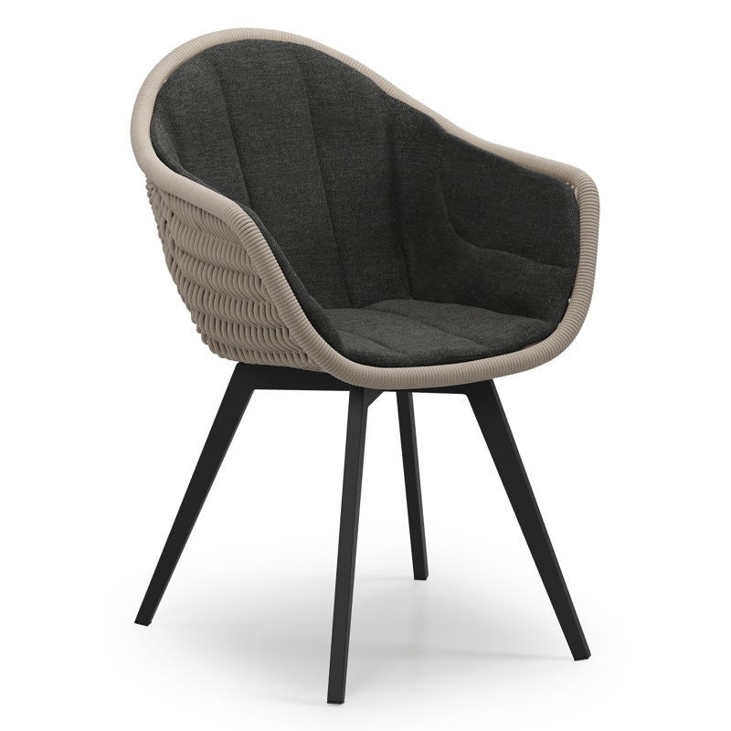 Pagino tuinstoel in zwart aluminium en beige ronde wicker met kussen in chartres sooty all weather sunbrella® luxe