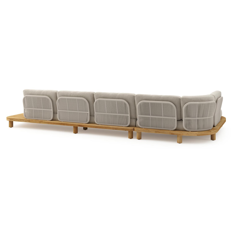 Salon de jardin d'angle Donato en teck et corde ronde tissée verticalement beige et coussins en all weather cosytica Catania Sand