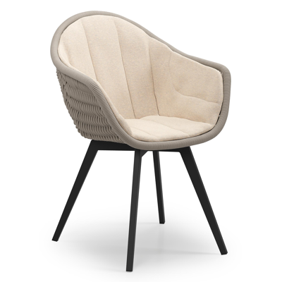 Pagino tuinstoel in zwart aluminium en beige verticaal geweven ronde rope met zitkussen in All Weather Sunbrella® Luxe Heritage Papyrus