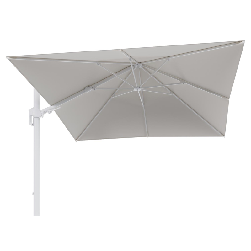 Rufina zweefparasol tiltfunctie in wit aluminium en parasoldoek in All Weather Sunbrella® Luxe Savane White - L1 300 x L2 300 cm (zonder voet)