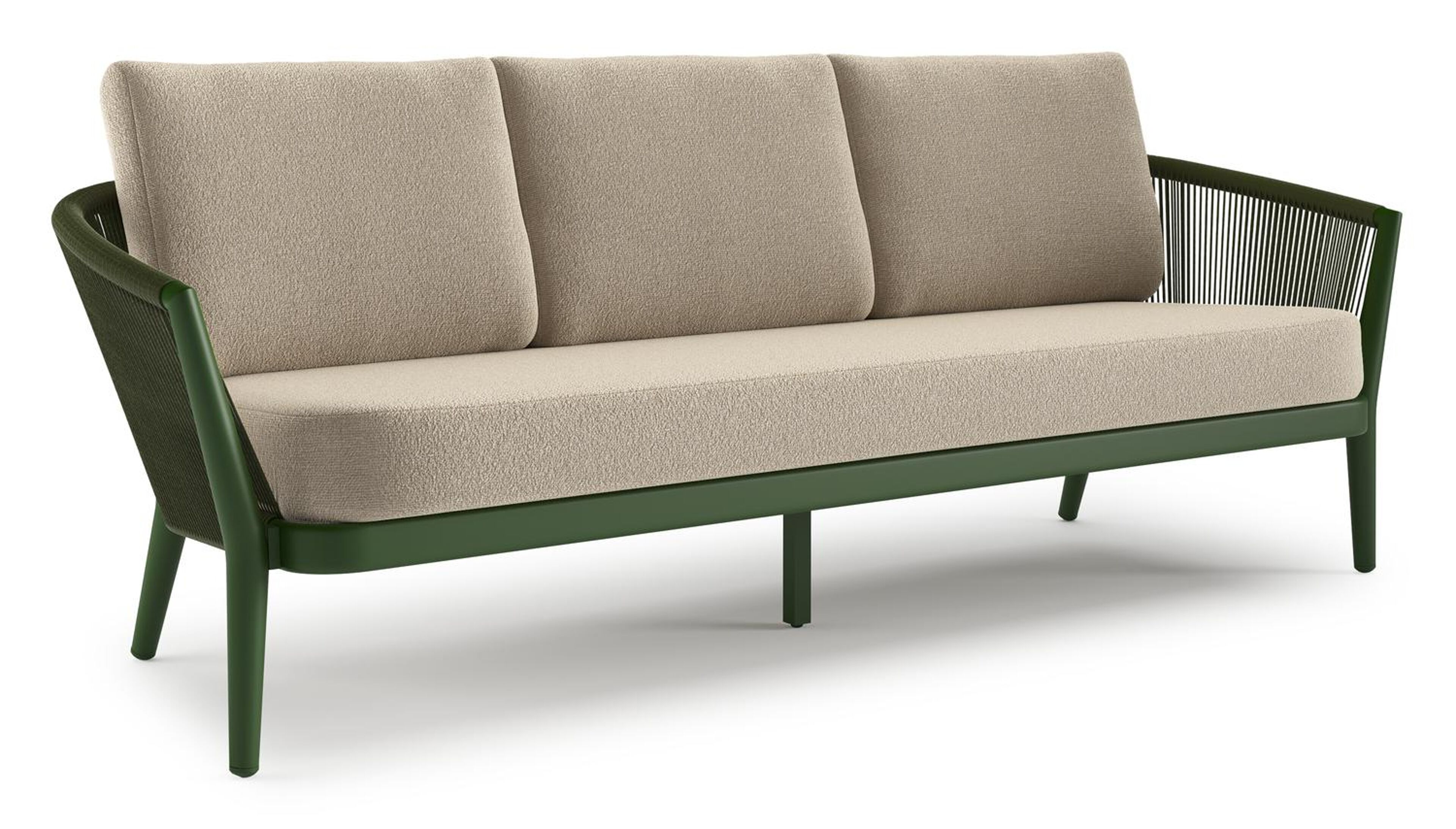 Orso loungebank in groen aluminium en groen verticaal geweven ronde rope met Marbella Sand all weather cosytica kussen