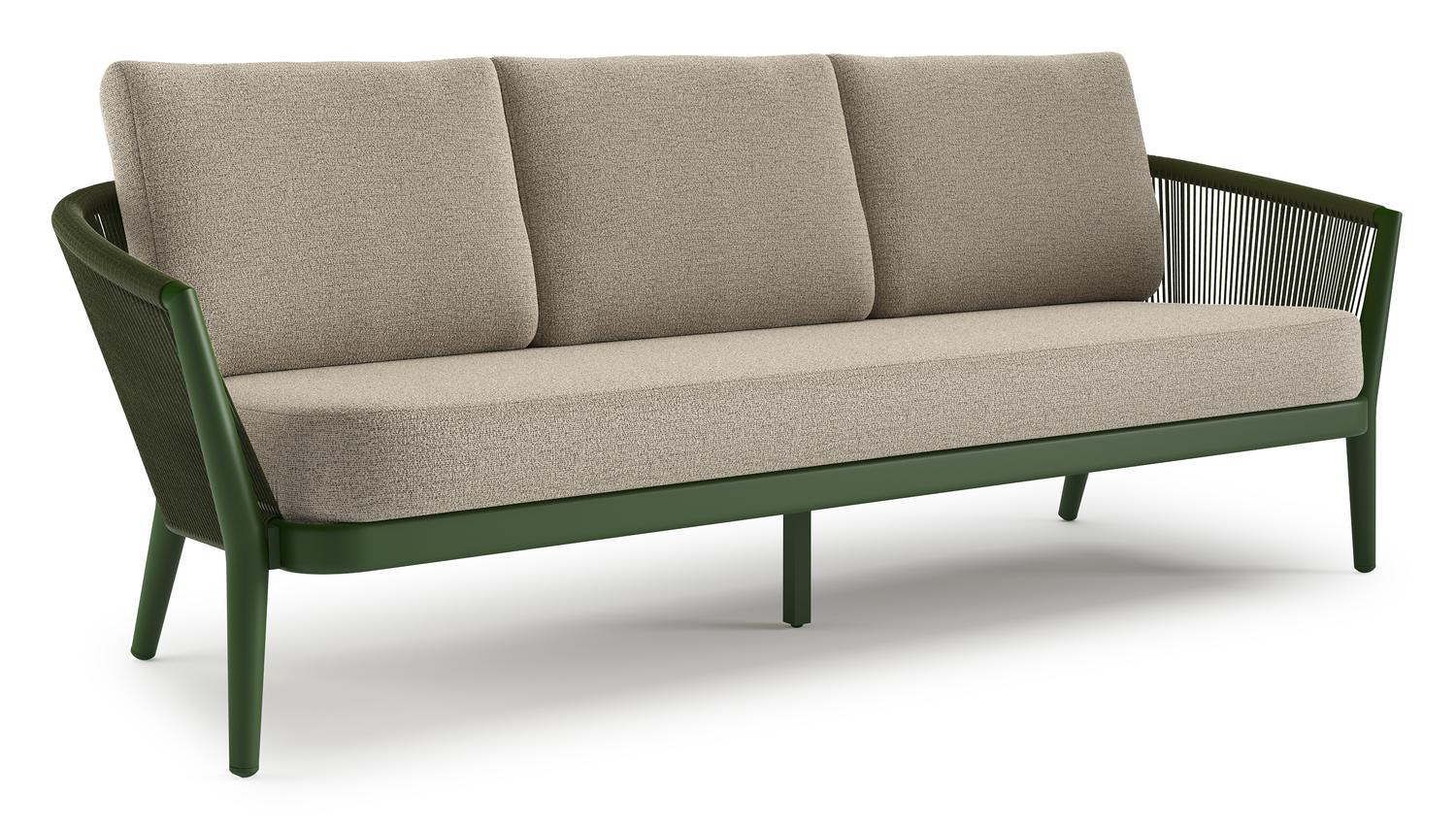 Orso loungebank in groen aluminium en groen verticaal geweven ronde rope met Catania Beige all weather cosytica kussen