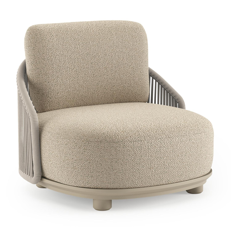 Fauteuil de jardin Vadelo en aluminium beige et corde ronde tissée verticalement beige et coussins en all weather cosytica bora forest
