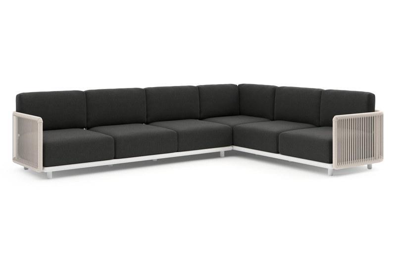 Organo loungehoek in wit aluminium en beige verticaal geweven luxe vlakke rope met chartres sooty all weather Sunbrella® luxe kussen