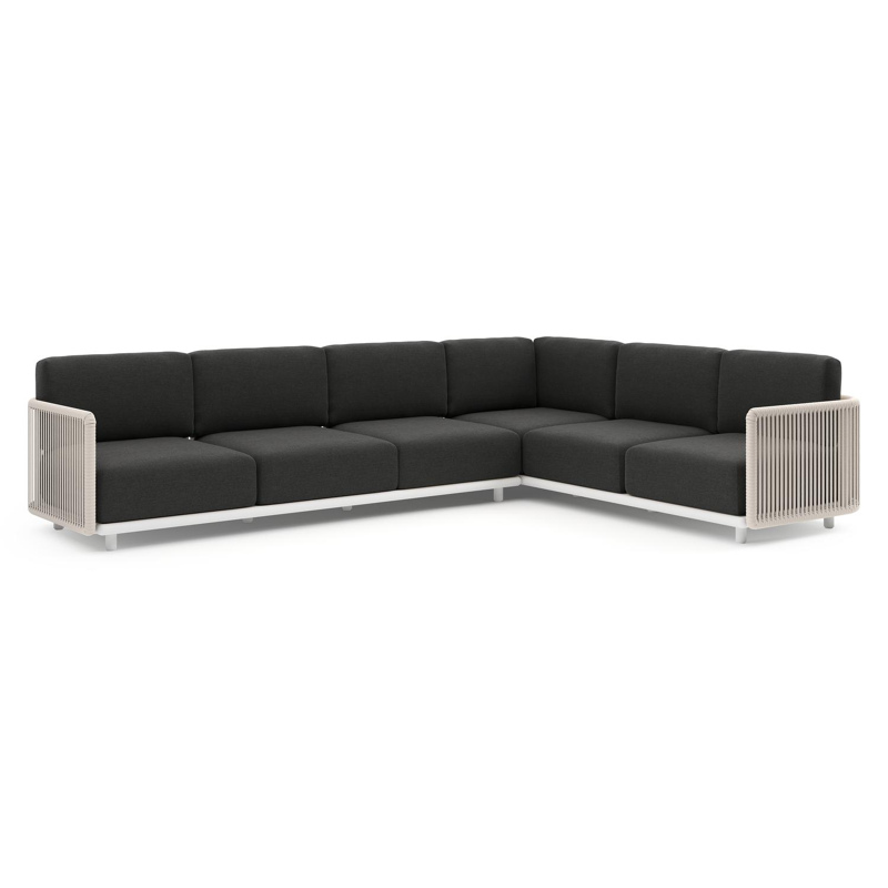 Organo loungehoek in wit aluminium en beige verticaal geweven luxe vlakke rope met chartres sooty all weather Sunbrella® luxe kussen