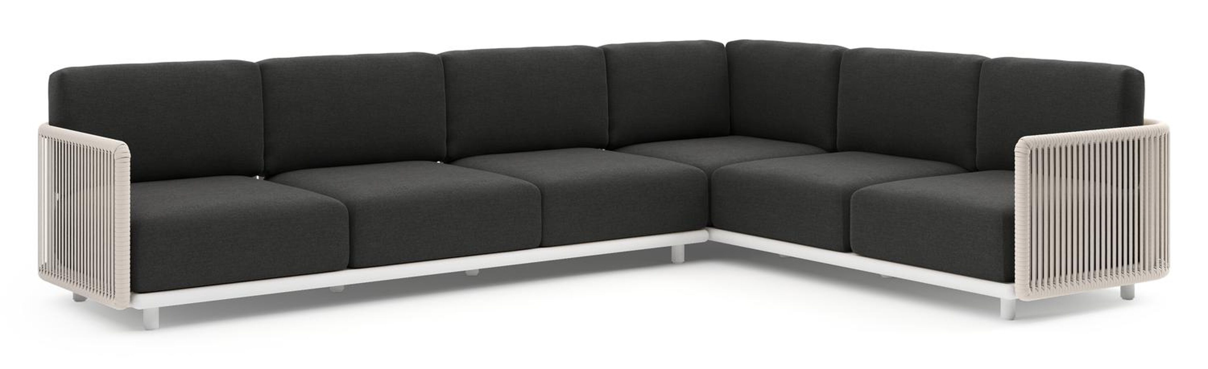 Organo loungehoek in wit aluminium en beige verticaal geweven luxe vlakke rope met chartres sooty all weather Sunbrella® luxe kussen