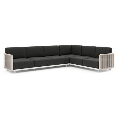 Organo loungehoek in wit aluminium en beige verticaal geweven luxe vlakke rope met chartres sooty all weather Sunbrella® luxe kussen