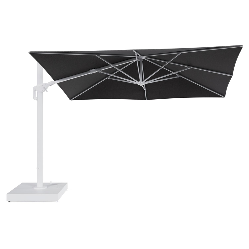 Minore zweefparasol met tiltfunctie in wit aluminium en Firenze Tunder All Weather Solica parasoldoek - L1 280 x L2: 370 cm met parasolvoet Minore 260 kg met wielen