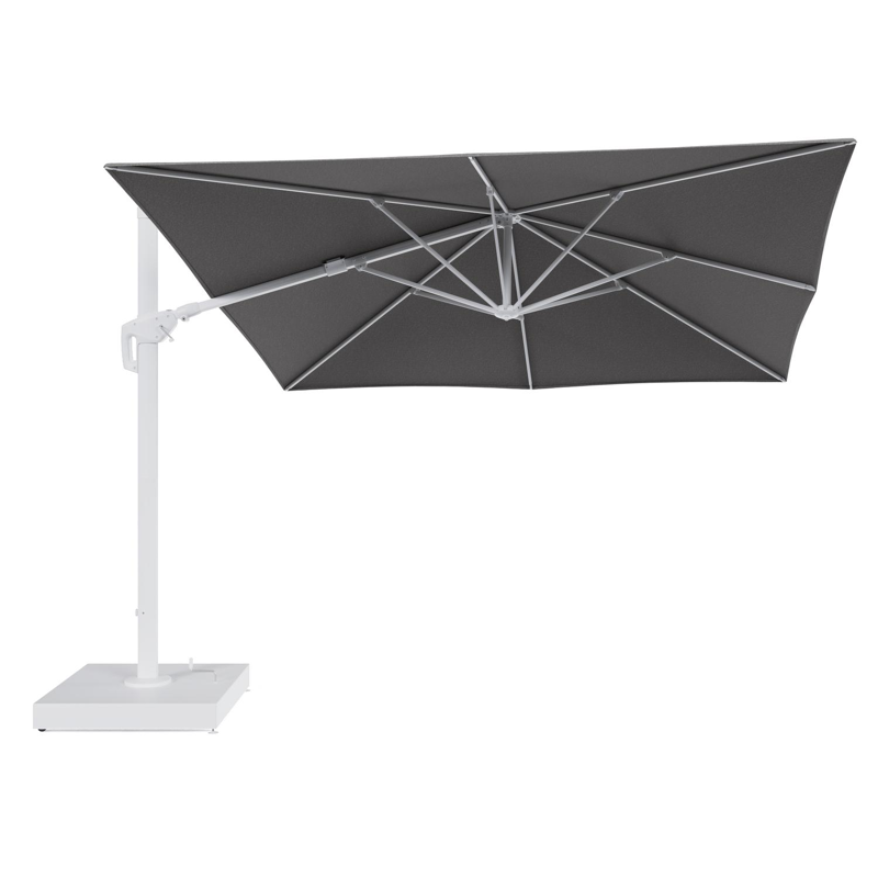 Minore zweefparasol met tiltfunctie in wit aluminium en Chartres Drizzle All Weather Sunbrella® Luxe parasoldoek - L1 350 x L2: 350 cm met parasolvoet Minore 260 kg met wielen
