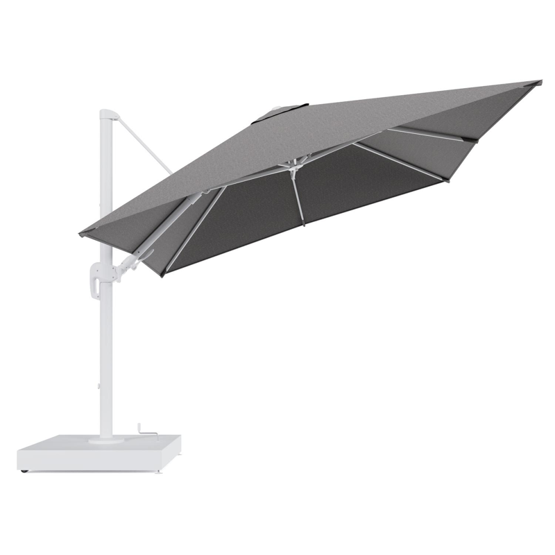 Rufina zweefparasol met tiltfunctie in wit aluminium en Chartres Drizzle All Weather Sunbrella® Luxe parasoldoek - L1 300 x L2 300 cm met parasolvoet Minore 260 kg met wielen